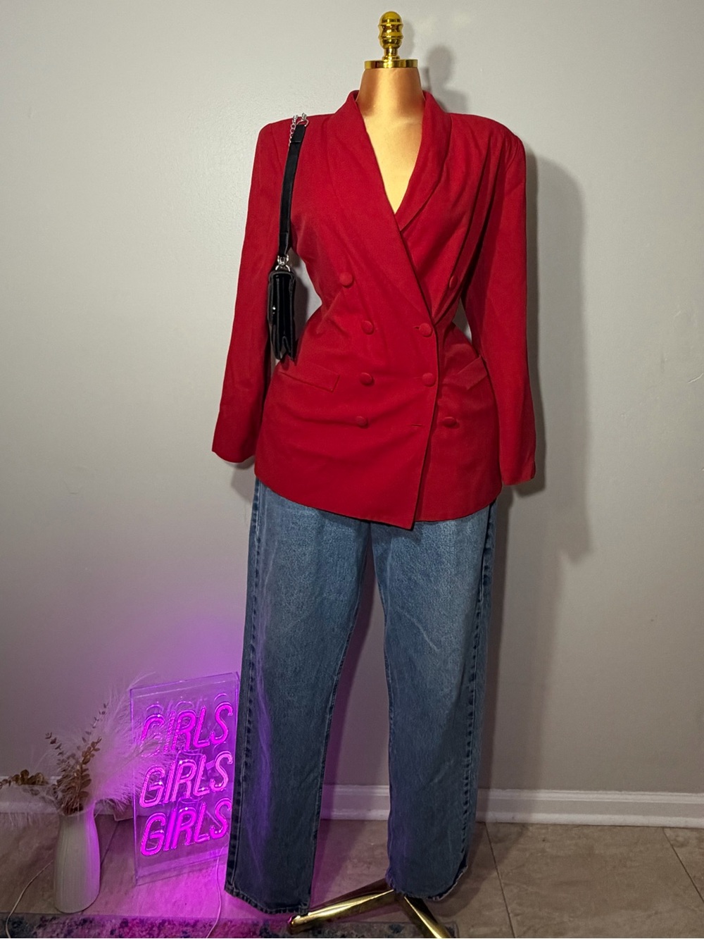 Red Double-Breasted Shawl Collar Blazer